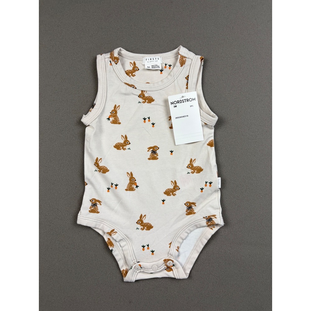 Firsts by Petit Lem Baby Bunny Carrot Print Sleeveless Bodysuit Cream 3M NWT